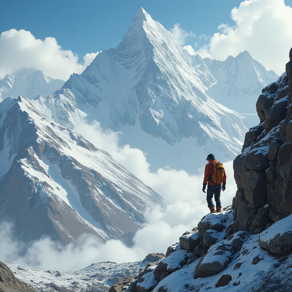 A lone adventurer, determined and focused, is scaling the challenging terrains surrounding Kedarnath Dham in the enchanted Himalayan ranges of Northern India. Engulfed by towering, snow-kissed peaks and vast expanses of untouched nature, he is on an intrepid journey to reach this revered Hindu temple, a site that is a vital part of the Chota Char Dham pilgrimage circuit. During his climb, he encounter a vivid spectrum of flora and fauna, which captivates him with its pure and untouched beauty. Despite the obstacles which include both perilous pathways and unpredictable weather, his steely resolve fuels his adventurous spirit, pushing him beyond his physical boundaries to the ultimate destination in his spiritual quest. in the style of TOK a trtcrd tarot style