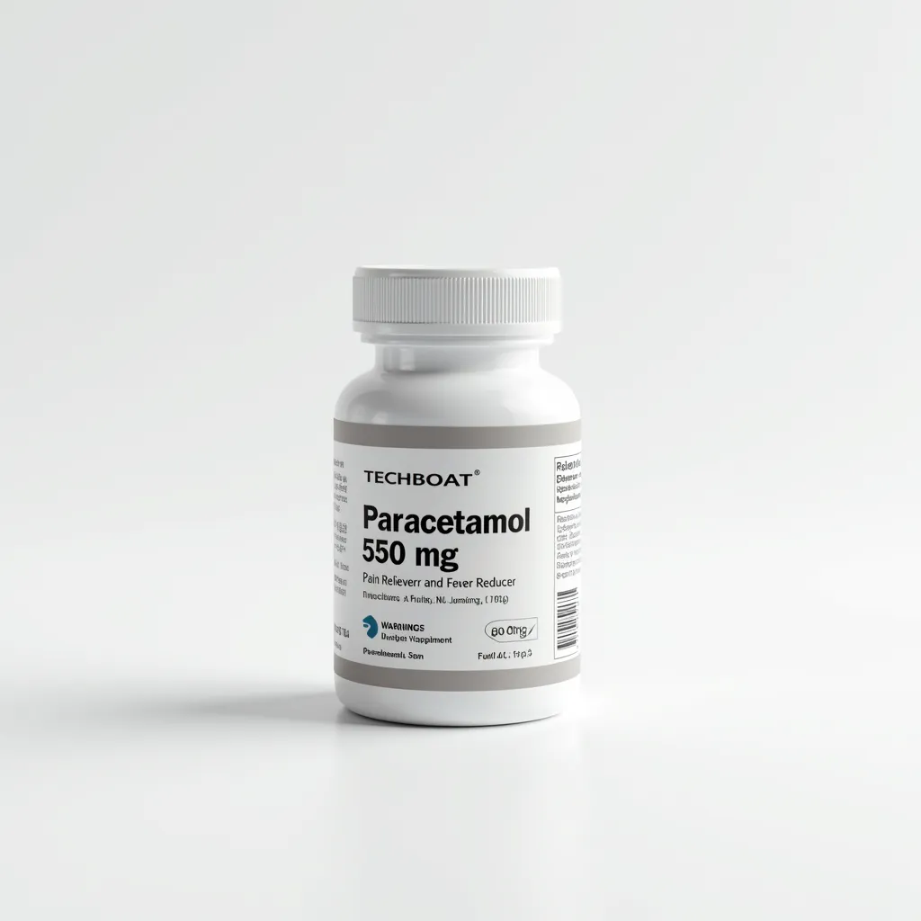 A sleek medical supplement bottle for paracetamol on a white background, featuring the text logo 'TECHBOAT' at the top in a clean font. The bottle stands upright with its label clearly visible, displaying detailed information: 'Paracetamol 550mg,' 'Pain Reliever and Fever Reducer,' dosage instructions, warnings, storage information, and a barcode. The cap is securely closed. The design is minimalistic with a white and subtle accent color scheme, and soft lighting highlights the bottle for a professional look