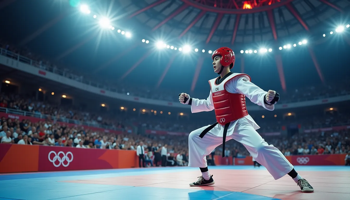 In the captivating year of 2024, at the renowned Paris Olympics, a man, robust and agile, had worlwide attention as he was engrossed in the thrilling game of Taekwondo. The crowd was pulsating with energy, their cheering reverberating across the stark boundaries of the splendid stadium, echoing under the Parisian sky. The competitors displayed awe-inspiring techniques and movements, embodying the essence of this ancient martial art. 

This particular man was breathtaking in his performances; his kicks faster than lightning, his techniques intriguing and his focus unwavered, even under the tense atmosphere of the Olympics. Under intense scrutiny of spectators and jury, he gracefully fought his way through several challenging rounds of combat, outperforming numerous world-class competitors.

Impressively, his journey culminated in victory after a nail-biting final match that left the crowd gasping and clapping in unison. Remarkably, he was awarded the prestigious gold medal, signifying not only his superiority in Taekwondo but also his relentless persistence and dedication. His celebrations were heart-warming; he wore his medal with a joyous glow on his face, reflecting his pride and overwhelming happiness. Whole stadium was erupting in euphoric applause, celebrating this enormous victory, memorializing a spectacular moment in the history of the Paris Olympics, 2024.