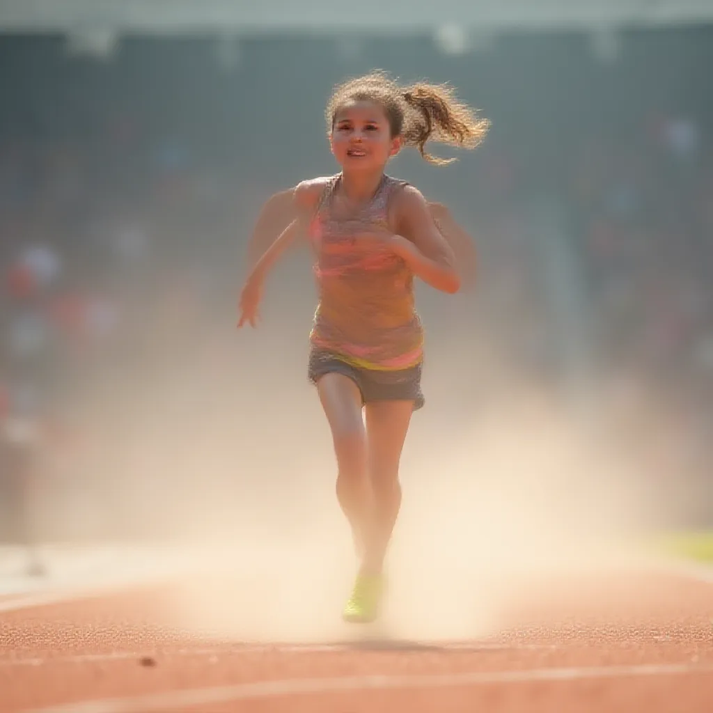 A young girl energetically running on a well-trodden athletic track, her ponytail swaying rhythmically with each stride she takes. The roar of the crowd around the arena fades into a subtle hum as she focuses on the finish line just meters away. Dressed in a vibrant running attire, and her feet clad in neon running shoes, she kicks up a flurry of dust as she pushes forward on the gravel track, her determined face reflecting the intense passion she holds for the sport.