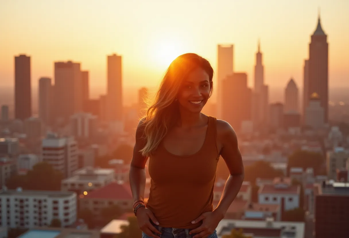 A chic, up-and-coming Instagram model is currently on the mission to design a fetching reel. Placing herself on the terrace of her high-rise apartment in bustling downtown Los Angeles, she gets all set to capitalize on the mesmerizing city skyline as the backdrop. The setting sun provides the perfect natural lighting for her video, as it imbues the surroundings with a warm, magical glow. Donning a casual yet trendy outfit, she makes sure she incorporates movement and captivating background music to make her reel engaging. This reel aims to showcase not just her unique fashion sense but also her vibrant personality. Energetic dance steps, beaming smiles, and strategic outfit changes will highlight her creative spin on modern urban lifestyle, turning heads in the digital world. The model hopes her reel would increase her visibility and continue to grow her followers on the popular social media platform. in the style of TOK a trtcrd tarot style