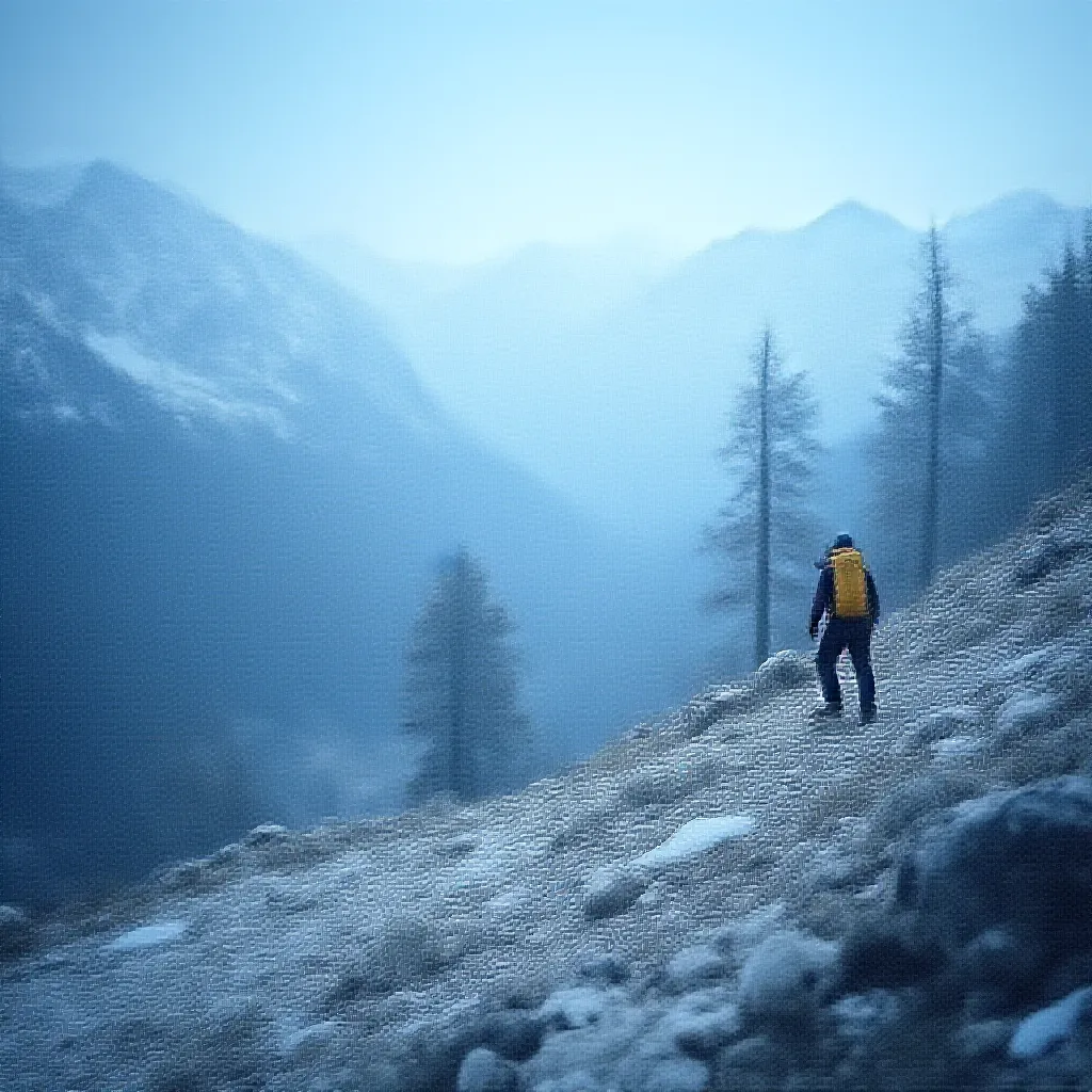 A lone adventurer, determined and focused, is scaling the challenging terrains surrounding Kedarnath Dham in the enchanted Himalayan ranges of Northern India. Engulfed by towering, snow-kissed peaks and vast expanses of untouched nature, he is on an intrepid journey to reach this revered Hindu temple, a site that is a vital part of the Chota Char Dham pilgrimage circuit. During his climb, he encounter a vivid spectrum of flora and fauna, which captivates him with its pure and untouched beauty. Despite the obstacles which include both perilous pathways and unpredictable weather, his steely resolve fuels his adventurous spirit, pushing him beyond his physical boundaries to the ultimate destination in his spiritual quest.