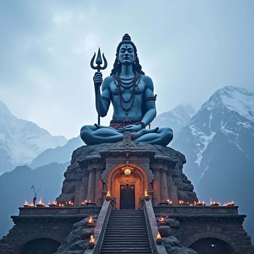 The majestic figure of Mahakal, an embodiment of Lord Shiva, is imposingly seated atop the ancient Kedarnath Temple. High on the mountain peaks of the Himalayas, the temple stands as a symbol of pious devotion and spirituality. The chill of the mountain air is thick with the scent of incense that permeates the surroundings, adding to the mystical aura that envelops the sacred premises. The larger-than-life statue of Mahakal, with its intricately carved details, looks down majestically upon the landscape, creating an intense, spiritual ambiance. This temple holds a very special place in the hearts of devotees, not only for its religious significance, but also for its rich heritage and other-worldly beauty. The sight of Mahakal's effigy high atop the Kedarnath Temple, surrounded by the glorious snow-clad mountain ranges and the open, blue sky, is an incredible view to behold, leaving an everlasting impression on every visitor.