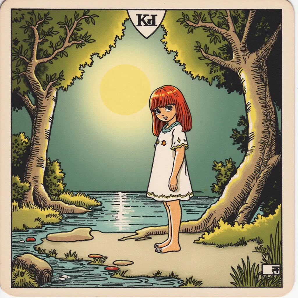 A detailed illustration featuring a beautiful young girl standing alone in an enchanting and serene environment. The girl's unique features, such as her vibrant hair and expressive eyes, should be highlighted with precision. The scenery surrounding her should be aesthetically pleasing, with soft lighting and a harmonious blend of natural elements, such as lush trees and a sparkling stream. The overall mood of the illustration should emanate calmness and tranquility. The use of a color palette that enhances the ambience of the scene and the girl's beauty is highly recommended. The illustration should present a balance between realism and fantasy, thereby inspiring wonder and admiration. in the style of TOK a trtcrd tarot style in the style of TOK a trtcrd tarot style