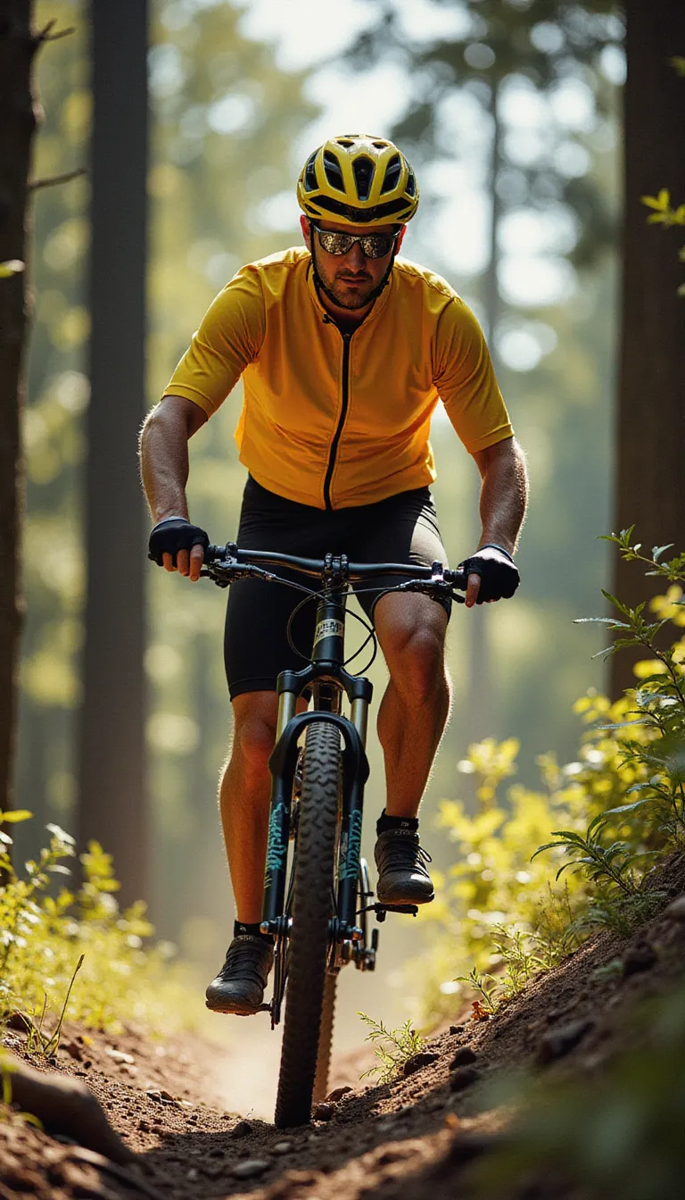 A middle-aged man dressed in a bright cycling suit is riding a mountain bike through a densely wooded trail. The striking sunlight filtering through the towering trees casting long, streaky shadows over him. He is wearing protective gear - a sturdy helmet, knee and elbow pads, and a pair of gloves. Through the winding path, he maneuvers skillfully, his intense focus mirrored in his determined eyes. The fantastically cool wind blusters against his face, making his cycling experience adventurous and exhilarating. His muscular legs pedal rhythmically, each revolution synonymous with the racing pace of his heart. in the style of TOK a trtcrd tarot style