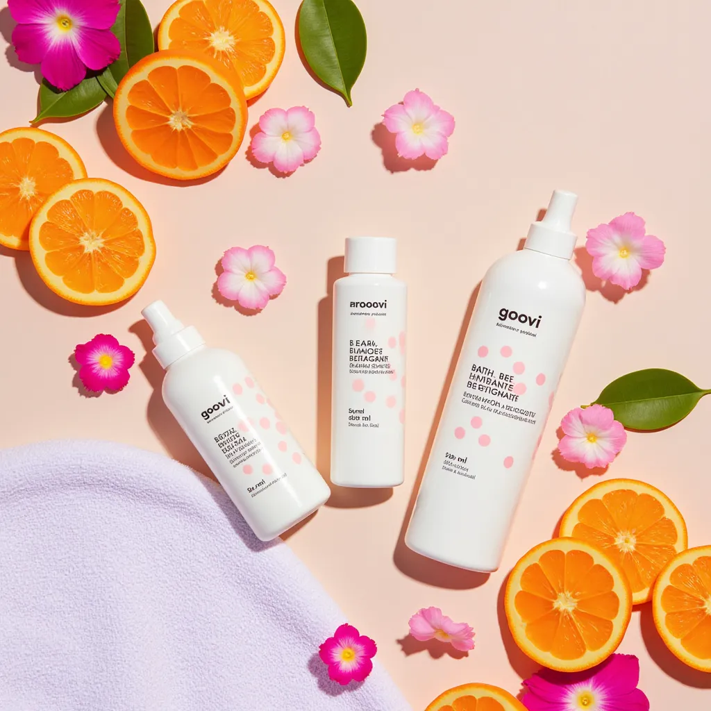 GOOVI bath and body care products in a flat-lay arrangement, complemented by citrus fruits, colorful flowers, and a soft towel, exuding freshness and vibrancy.
