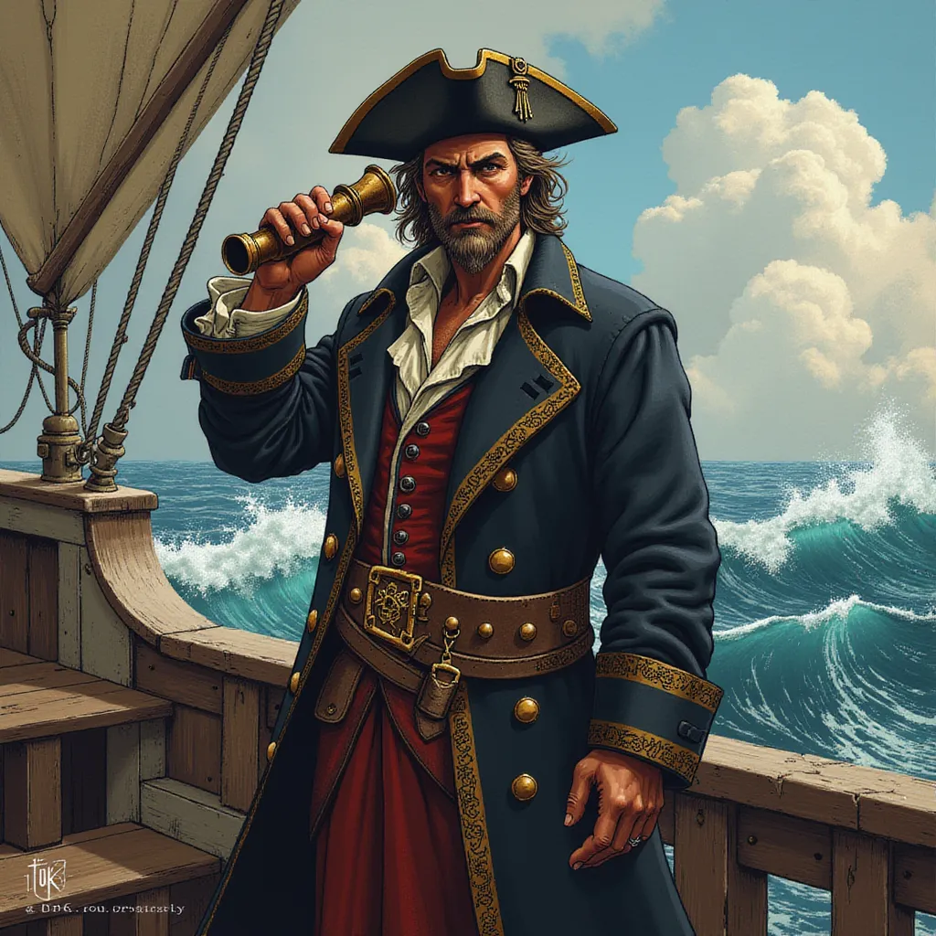 A confident and daring pirate captain, standing resolute on the weathered deck of a grand, centuries-old wooden vessel, is donned in the traditional attire of his high status. His dark, worn tricorn hat sits at a jaunty angle on his head, a symbol of his authority and adventurous spirit. Firmly gripped in one weather-beaten hand, he holds an ornate yet functional spyglass, polished to a gleaming shine, ever ready to scout distant threats or promising possibilities. 

His strikingly stern yet magnetic expression is a captivating mixture of experienced wisdom and tenacity. A rugged beard that hints at many high-seas adventures adds to his charismatic aura, the salt-and-pepper growth standing out against his tanned, weathered face. Cascading over his broad shoulders and billowing in the faint yet whip-like sea breeze is a long, intricately-patterned coat; an elegant embodiment of his audacious lifestyle.

Enveloping this powerful figure is a vast expanse of swirling ocean waves, the frothy whitecaps portraying their own tales of the ruthless and untamed wild sea. In the horizon lays the ominous hint of a storm; menacing cloud formations broiling with potential fury, presenting an intriguing dichotomy of looming danger and exhilarating beauty. All these elements merge to create a tableau that is rendered in flux-style, fusing dynamic realism with impressionistic swirls, thus adding an almost surreal quality to the magnificent maritime scene. in the style of TOK a trtcrd tarot style
