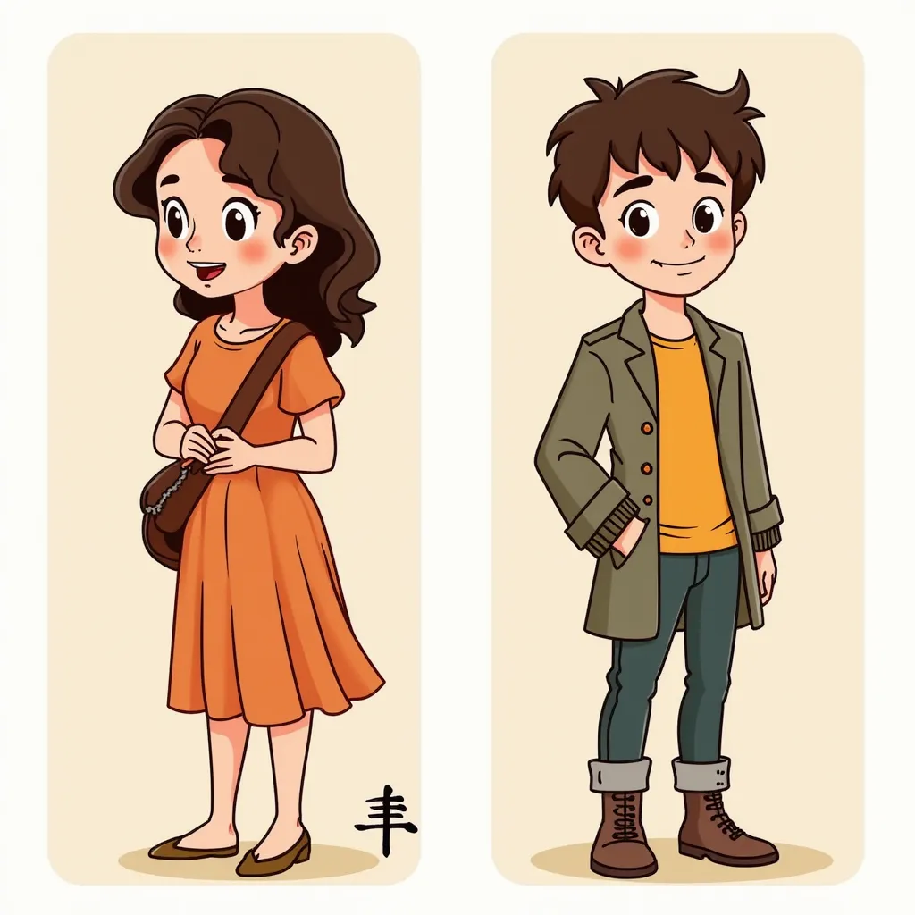 Utilizing the provided image of a female figure as reference, create an equivalent cartoon image of a boy. Pay close attention to features like hair, facial expressions, attire and body shape in order to accurately convert the attributes of the original female figure into a male counterpart while still maintaining a clear resemblance between the two images. Remember to retain the cartoon style in the resulting boy image for consistency. in the style of TOK a trtcrd tarot style