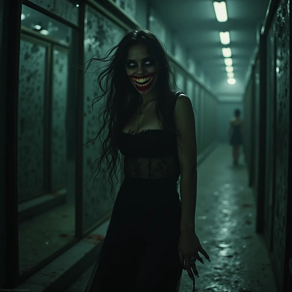 In an unanticipated moment of terror, you suddenly find yourself thrust into an eerie room, a strange and chilling hall filled to the brim with countless sleek mirrors. Each of these reflectors provides a haunting panorama, each one dominated by Diana's terrifyingly devilish grin with blood-red lips and set of pearly white, savage teeth. She looks at you with her coal-black eyes, their gaze freezing your very soul. Yet, a breath of fresh air comes each time you gather the courage to avert your eyes from these horrifying images, but it is quickly turned to a gust of icy wind when you realise she is right behind you. 

There she is, more real and horrifying, her warm, ragid breath brushing against your neck, making the hairs stand on end and your heart pound against your ribcage. Then, in an instant of shrilling cacophony, the mirrors around you shatter into a million tiny pieces, the force throwing razor-sharp shards towards you. These fragments cut through your skin leaving trails of warm blood glistening against your pale skin.

As she sadistically laughs at your misery, her horrifying image blurs, fading into nothing more than an elongated shadow, an insidious spectre that fades in and out of reality. Looming in your peripheral vision, she grows denser with every passing moment, her voice rings out, louder than the deafening silence of the room and clearer than your heightened senses. A ghostly whisper that sends shivers down your spine, 'This is just the beginning...' she says, her words echoing through the eeriness of the room. Her intimidating presence is unmissable as she starts stalking you with an eerie quite, in the disoriented pathways of this mirror maze, turning your reality into an unending labyrinth of terror.