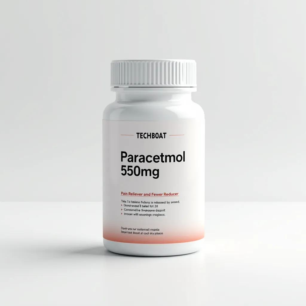 A sleek medical supplement bottle for paracetamol on a white background. The bottle features the text logo 'TECHBOAT' at the top in a clean font. The label includes clear and detailed information: 'Paracetamol 550mg' prominently displayed, followed by 'Pain Reliever and Fever Reducer.' Dosage instructions such as 'Take 1-2 tablets every 6 hours as needed. Do not exceed 8 tablets in 24 hours.' Warnings like 'Keep out of reach of children,' 'Consult a doctor if symptoms persist,' and 'Do not use with other acetaminophen products.' Additional details include storage instructions, 'Store in a cool, dry place,' and a barcode at the bottom. The design is minimalistic with a white and subtle accent color scheme. Soft lighting highlights the bottle, giving it a professional and premium look and label text should be clear