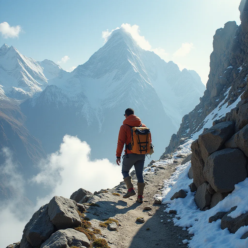A lone adventurer, determined and focused, is scaling the challenging terrains surrounding Kedarnath Dham in the enchanted Himalayan ranges of Northern India. Engulfed by towering, snow-kissed peaks and vast expanses of untouched nature, he is on an intrepid journey to reach this revered Hindu temple, a site that is a vital part of the Chota Char Dham pilgrimage circuit. During his climb, he encounter a vivid spectrum of flora and fauna, which captivates him with its pure and untouched beauty. Despite the obstacles which include both perilous pathways and unpredictable weather, his steely resolve fuels his adventurous spirit, pushing him beyond his physical boundaries to the ultimate destination in his spiritual quest. in the style of TOK a trtcrd tarot style