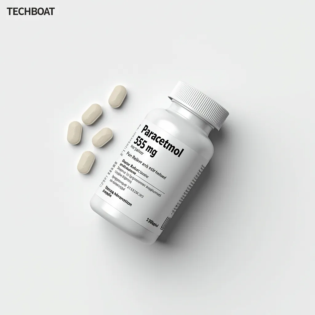 A sleek medical supplement bottle for paracetamol on a white background, featuring the text logo 'TECHBOAT' at the top in a clean font. The bottle is lying flat with its label facing upward, showcasing the detailed information: 'Paracetamol 550mg,' 'Pain Reliever and Fever Reducer,' dosage instructions, warnings, storage instructions, and a barcode. The cap is securely closed, and a few pills are placed neatly around the bottle, creating a clean and organized scene. The minimalistic design with soft, diffused lighting emphasizes professionalism and premium quality.