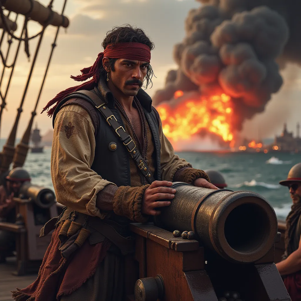 The scene is alive with action as a fierce pirate gunner exhibits their prowess on the bustling deck of a battle-worn ship. A plume of smoke rises as the gunner, a tattered headscarf tied around their head to keep sweat at bay, rapidly loads heavy cannonballs into the monstrous mouth of a cannon with hardened discipline. Their attire is a testament to their status - a weather-beaten, leather vest clings to their upper body, showcasing their muscular figure, while a bandolier, studded with gleaming bullets, adorns their chest, ready for the fight ahead.

The gunner's face is a canvas of intense focus and grim resolve. Beads of sweat trail down their forehead, cutting clean paths through layers of soot and grime. Their eyes, burning with determination, are set firmly on the distant horizon, anxious for the next signal of firing.

The ambience of a raging battlefield consumes the surroundings. More cannons, lined up in strategic arrangements, crowd the deck, their barrels gleaming ominously under the sporadic flash of nearby gunshots. Their boisterous roar punctuating the continuous cacophony of soldiers shouting, iron striking iron, and splitting timber. In the distance, a terrifyingly beautiful sight meets the eyes as numerous explosions light up the twilight, illuminating the incessant waves, turning the sky into an eerie palette of oranges, reds, and blacks - a violent dance of colors deep into the heart of the tempestuous sea battle. in the style of TOK a trtcrd tarot style