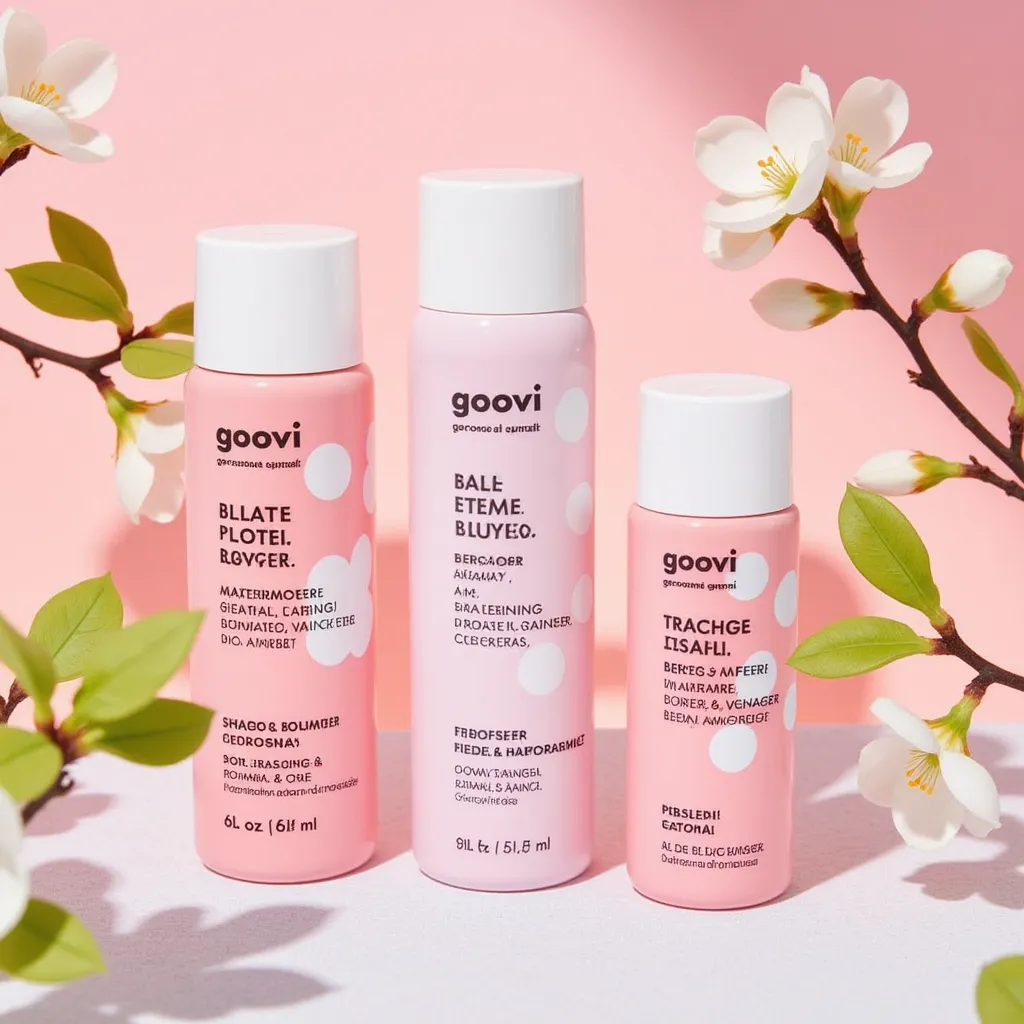 GOOVI skincare products surrounded by cherry blossoms and fresh green leaves, on a pastel-colored cloth, with soft sunlight emphasizing the freshness of spring.