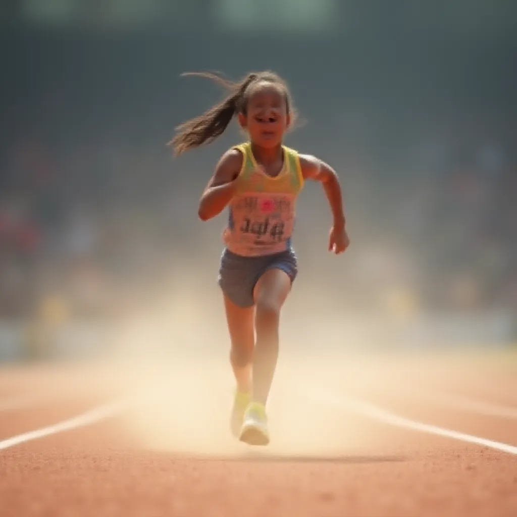 A young girl energetically running on a well-trodden athletic track, her ponytail swaying rhythmically with each stride she takes. The roar of the crowd around the arena fades into a subtle hum as she focuses on the finish line just meters away. Dressed in a vibrant running attire, and her feet clad in neon running shoes, she kicks up a flurry of dust as she pushes forward on the gravel track, her determined face reflecting the intense passion she holds for the sport.