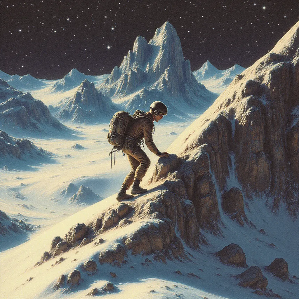 a man climbing a mountain in retrofuturism style