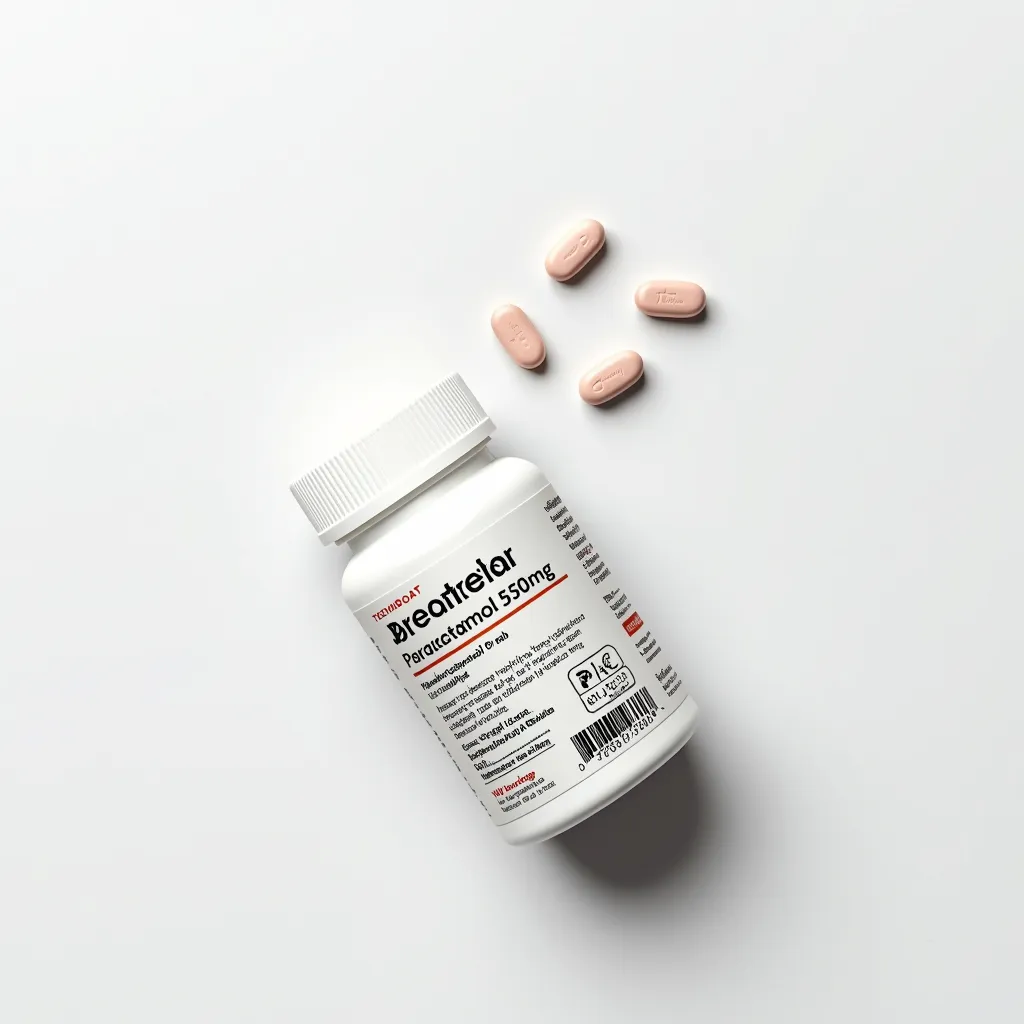 A sleek medical supplement bottle for paracetamol on a white background, featuring the text logo 'TECHBOAT' at the top in a clean font. The bottle is lying flat with its label facing upward, showcasing the detailed information: 'Paracetamol 550mg,' 'Pain Reliever and Fever Reducer,' dosage instructions, warnings, storage instructions, and a barcode. The cap is securely closed, and a few pills are placed neatly around the bottle, creating a clean and organized scene. The minimalistic design with soft, diffused lighting emphasizes professionalism and premium quality.