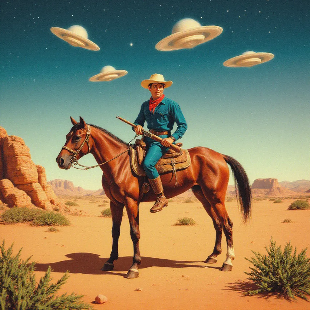 illustration of a cowboy on horseback in a desert landscape, full body, side view, cowboy is holding a rifle and wearing a yellow hat and blue shirt, with a red bandana around the neck, three UFOs hover above him in the sky, which transitions from daylight to a starry space, detailed rock formations and green shrubs in the background, vibrant and surreal atmosphere, retrofuturism