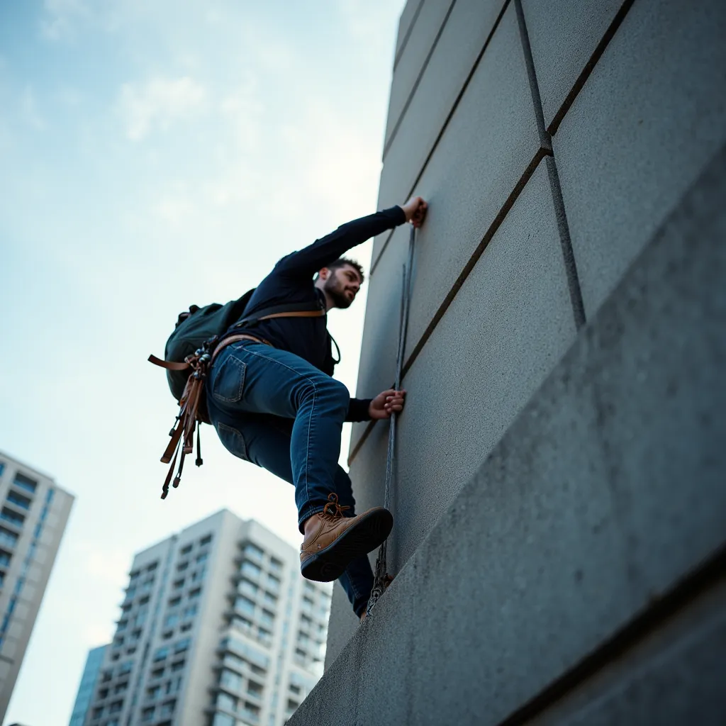 a man climbing a building