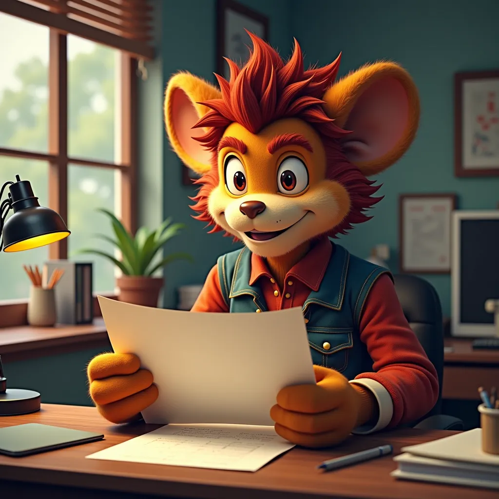 wukong, working in the office, holding a paper that writeen with 'damn,they don't need to work