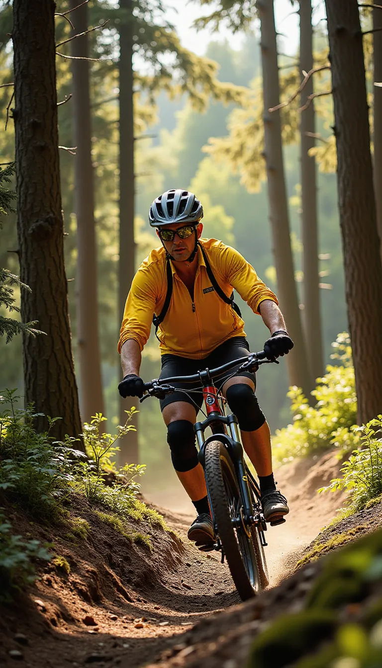 A middle-aged man dressed in a bright cycling suit is riding a mountain bike through a densely wooded trail. The striking sunlight filtering through the towering trees casting long, streaky shadows over him. He is wearing protective gear - a sturdy helmet, knee and elbow pads, and a pair of gloves. Through the winding path, he maneuvers skillfully, his intense focus mirrored in his determined eyes. The fantastically cool wind blusters against his face, making his cycling experience adventurous and exhilarating. His muscular legs pedal rhythmically, each revolution synonymous with the racing pace of his heart. in the style of TOK a trtcrd tarot style
