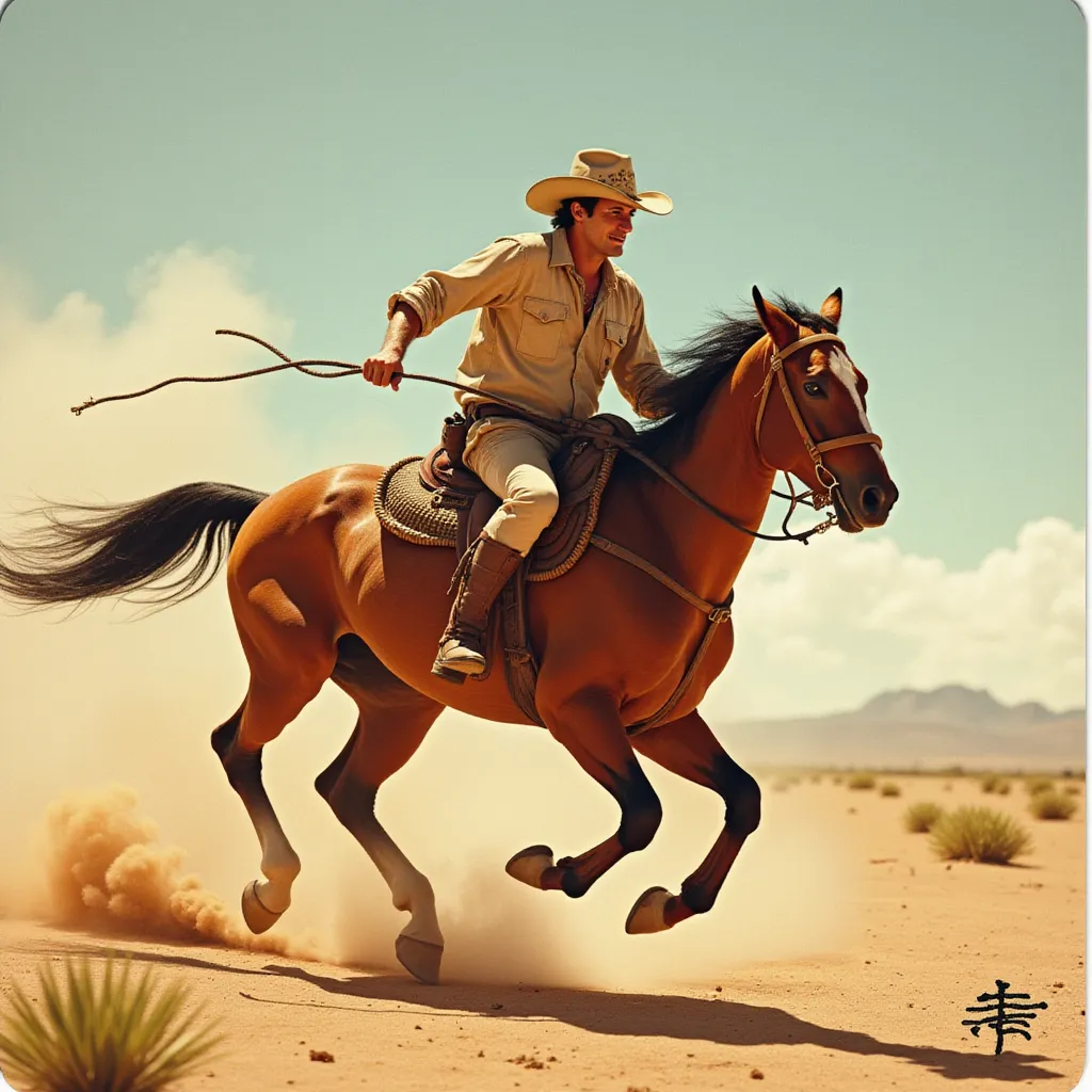 A middle-aged man, clad in a tattered cowboy hat and sun-bleached attire, confidently straddling a powerful chestnut stallion as it gallops at breakneck speed across the dusty plains under the searing afternoon sun. The pair moves in perfect synchrony as the man holds on firmly to the reins, with his eyes strictly set on the distant horizon. A fascinating sense of freedom and courage can be felt as he thrusts forward, leaving a cloud of dust trailing behind them, a stunning testament to human-animal companionship.
 in the style of TOK a trtcrd tarot style