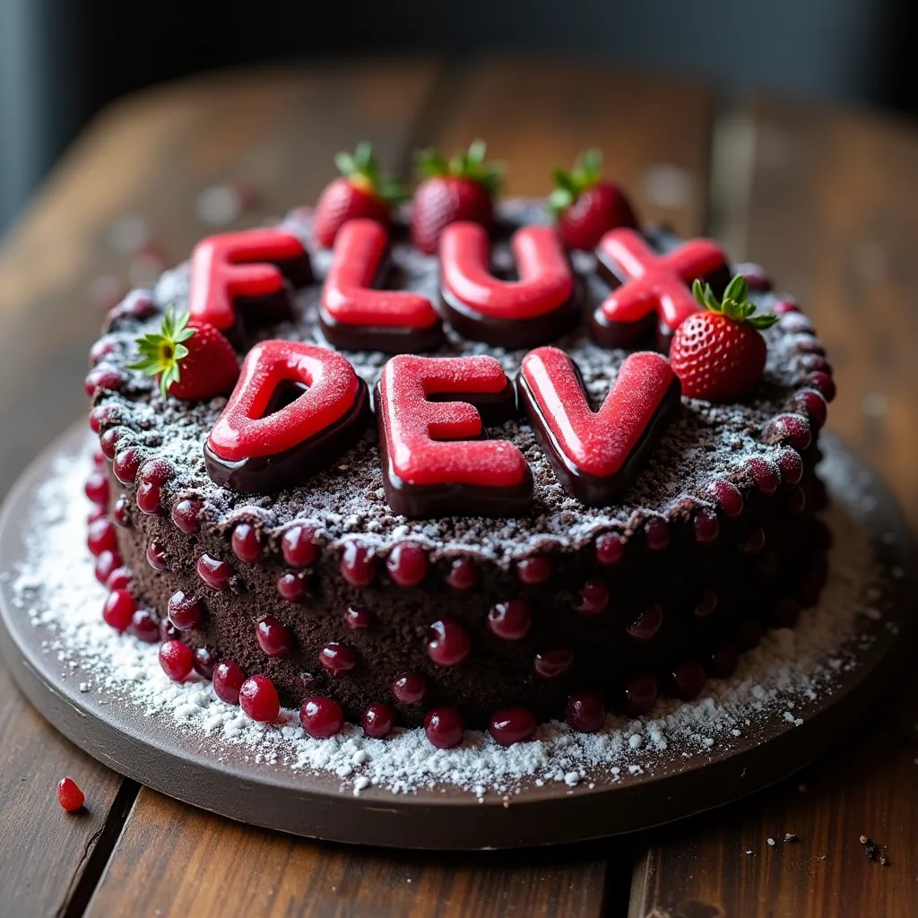 black forest gateau cake spelling out the words "FLUX DEV", tasty, food photography, dynamic shot