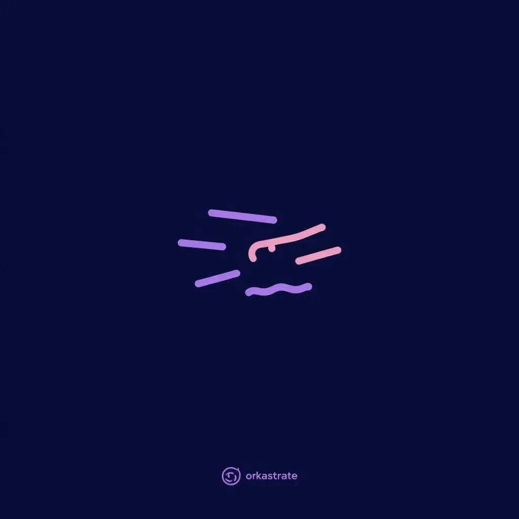 A logo for a company called "Orkastrate" featuring a Conductor’s Baton + Flow Lines
Visual: A minimalist baton (like a music conductor uses) with fluid lines or waves extending outward—representing orchestration of tasks, teams, or features.

Style: Thin, elegant lines; abstract but expressive.

Color: Deep blue and silver or gradient purples for a high-tech feel. wablogo, logo, Minimalist