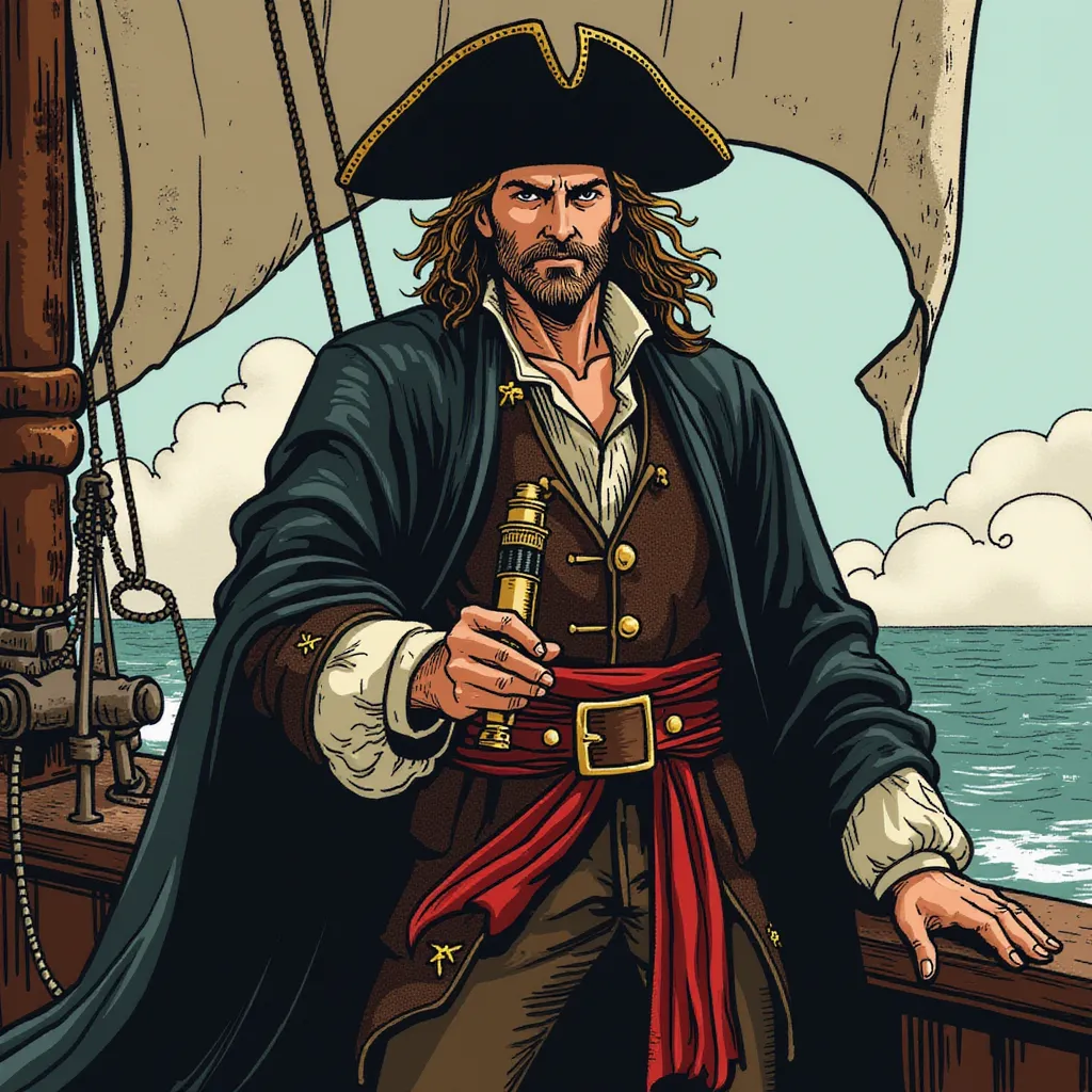 A confident pirate captain, waist-up, standing on the deck of an old wooden ship. Wearing a traditional tricorn hat and holding a spyglass in one hand, the captain has a stern yet charismatic expression. A rugged beard and a long coat with intricate details fluttering slightly in the sea breeze. The background hints at ocean waves and a brewing storm on the horizon, with dramatic lighting highlighting the captain's determined gaze. Flux style. in the style of TOK a trtcrd tarot style