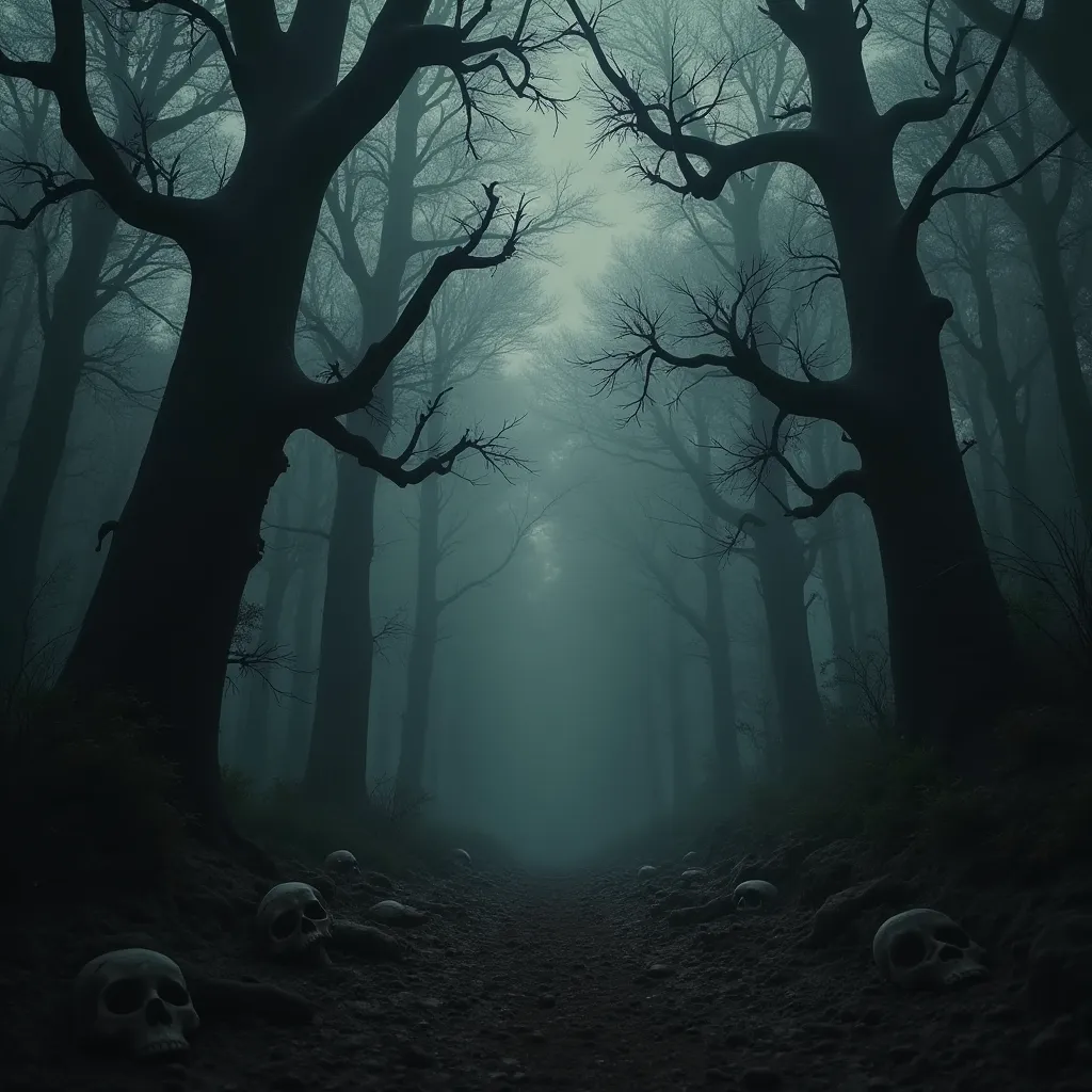 A forest, shrouded in all-encompassing darkness and mystery, so sinister that it seemed like it was barely holding back its secrets. This isn't simply a place devoid of light; it is a realm that consumes all illumination, a place that is as black as the deepest corners of the universe. The trees here seem to be alive, their gnarled, gigantic trunks pulsating in an eerie rhythm, set into movement by an unnatural, unseen force. 

Their twisted branches are not just simple criss-crosses of bark and wood. They transform maliciously into the forms of skeletal hands, a caricature of human life that adds a chilling desolation to the landscape. They are not just hands that stretch out towards the canopy for sunlight, these branches reach out malevolently in all directions, seemingly trying to grasp and strangle anything that dares to come nearby.

The ground underfoot isn't a comforting bed of fertile soil, fallen leaves, or verdant undergrowth as one would expect. Instead, it is marred by a gruesome sight of rotting corpses, the final vestiges of life that once trespassed here. Their decaying forms seem to have been absorbed into the very soil. Their hollowed, empty eye sockets stare unblinkingly upwards, a chilling reminder of their past life to any beholder.

The sky above doesn't offer any respite. It's cloaked in a turbulent tapestry of swirling black clouds, that seem torn, ripped apart by ghostly hands. The clouds churn as though agitated by a storm, yet there is nothing but the deathly silence that reigns. This sight instills a sense of doom and despair, a dystopian sky staring down at an aberrant forest below, creating an atmosphere of utter dread and fright.