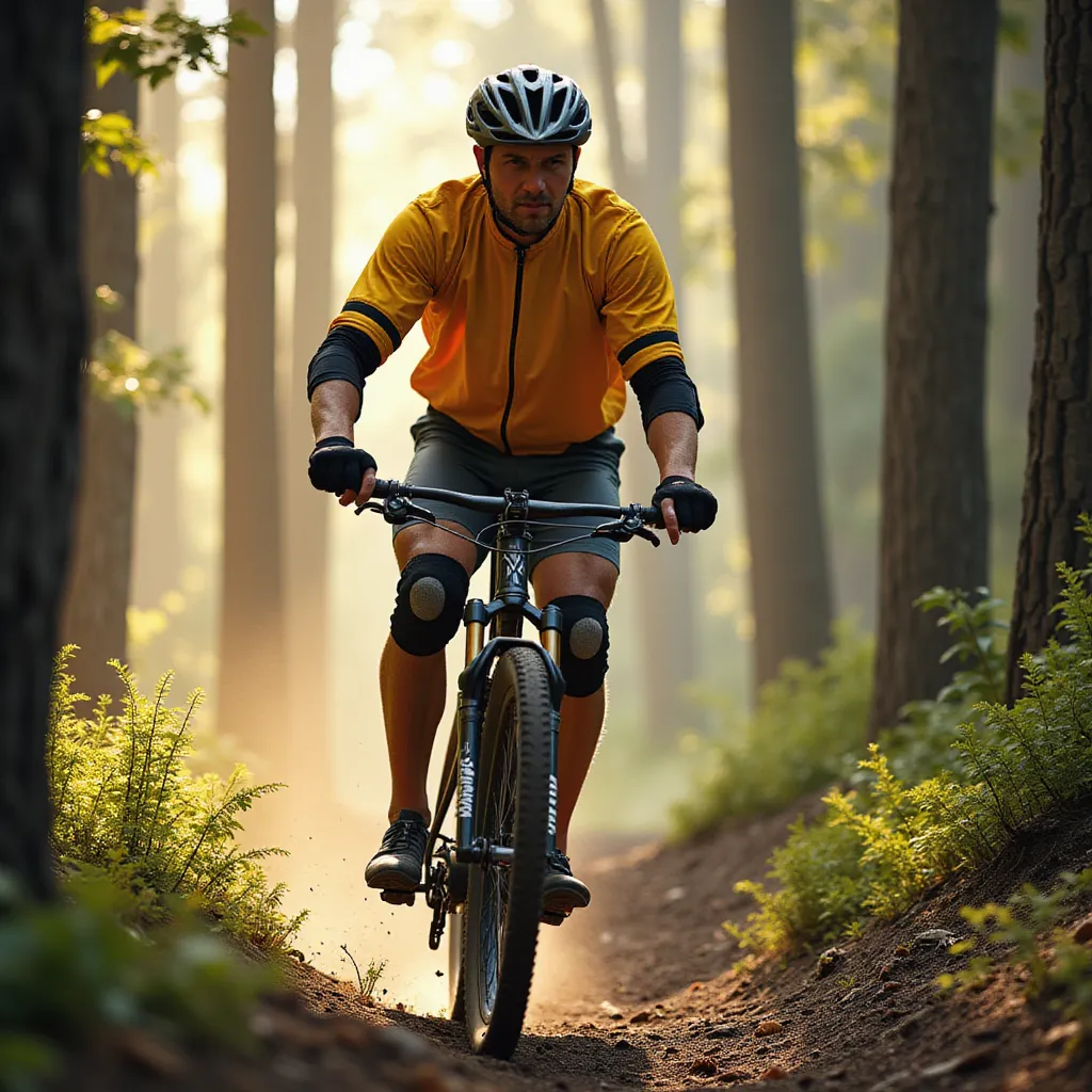 A middle-aged man dressed in a bright cycling suit is riding a mountain bike through a densely wooded trail. The striking sunlight filtering through the towering trees casting long, streaky shadows over him. He is wearing protective gear - a sturdy helmet, knee and elbow pads, and a pair of gloves. Through the winding path, he maneuvers skillfully, his intense focus mirrored in his determined eyes. The fantastically cool wind blusters against his face, making his cycling experience adventurous and exhilarating. His muscular legs pedal rhythmically, each revolution synonymous with the racing pace of his heart. in the style of TOK a trtcrd tarot style