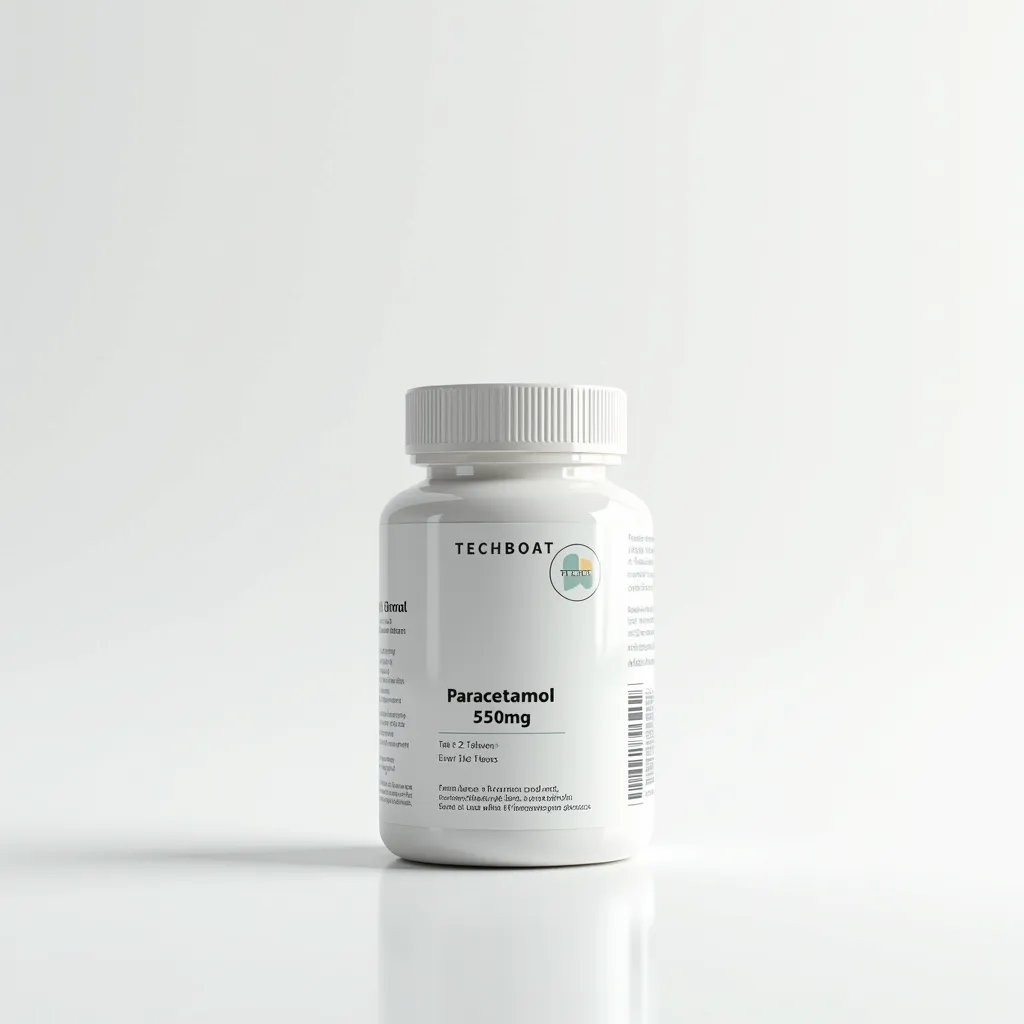 Situated against a stark white backdrop is a sleek, professionally designed medical supplement bottle containing paracetamol tablets. The cylindrical bottle showcases an aesthetically pleasing minimalistic design with a predominantly white color scheme, highlighted by subtle yet appealing accents of a complementary hue to punctuate its simplicity.

At the very top of this beautifully designed bottle, you'll notice the commercially recognizable text logo - 'TECHBOAT,' which grabs instant attention. This is printed in a sophisticated, sans-serif font, offering a crisp, clean, and modern aesthetic that underscores the brand's attention to detail and commitment to quality.

The information-rich label on the supplement bottle is as illustrative as it is informative. At the forefront, one can unmistakably observe 'Paracetamol 550mg' emblazoned in bold letters, followed by its common benefits - 'Pain Reliever and Fever Reducer,' that are clearly and concisely displayed. Ensuring user safety and medication efficacy, dosage instructions follow suit: 'Take 1-2 tablets every 6 hours as needed. Do not exceed 8 tablets in 24 hours.'

Further crucial warnings are also explicitly spelled out on the label for customer caution such as 'Keep out of reach of children,' 'Consult a doctor if symptoms persist,' and 'Do not use with other acetaminophen products.' To round off the abundance of essential details, the label also incorporates storage instructions, 'Store in a cool, dry place,' as well as a barcode at the bottom for easy scanning at checkout.

There's a gentle, soft lighting shining on the bottle that results in a sophisticated gleam, augmenting its professional and luxurious appeal. Furthermore, the high-definition label text, finely printed and exceptionally sharp, ensures easy legibility, making every word effortlessly readable. All in all, this tastefully designed bottle exudes a sense of premium, trusted quality, and this design choice is an admirable representation of the 'TECHBOAT' brand and its promise of excellence.