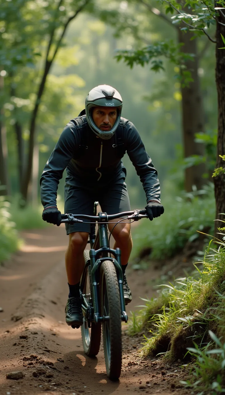 A middle-aged man, with salt and pepper hair, decked out in cycling gear, expertly maneuvering a sleek, high-performance mountain bike along a narrow, winding dirt trail in the heart of a densely forested area. The cool, crisp morning air filled his lungs as the sunlight filtered through the leafy canopy above, creating enchanting patterns on the path ahead, making each turn a delight. His determined expression revealed the inner strength pushing him forward as his muscles strained, powering through the challenging terrain. His adventurous spirit seems apparent in the way his eyes sparkled, savoring the thrill with each pedal of his journey. in 80s cyberpunk style