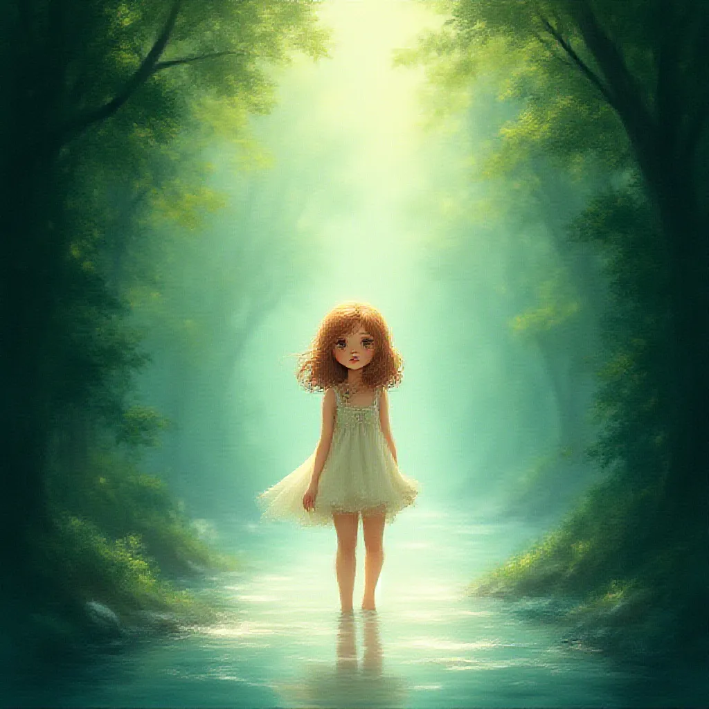 A detailed illustration featuring a beautiful young girl standing alone in an enchanting and serene environment. The girl's unique features, such as her vibrant hair and expressive eyes, should be highlighted with precision. The scenery surrounding her should be aesthetically pleasing, with soft lighting and a harmonious blend of natural elements, such as lush trees and a sparkling stream. The overall mood of the illustration should emanate calmness and tranquility. The use of a color palette that enhances the ambience of the scene and the girl's beauty is highly recommended. The illustration should present a balance between realism and fantasy, thereby inspiring wonder and admiration