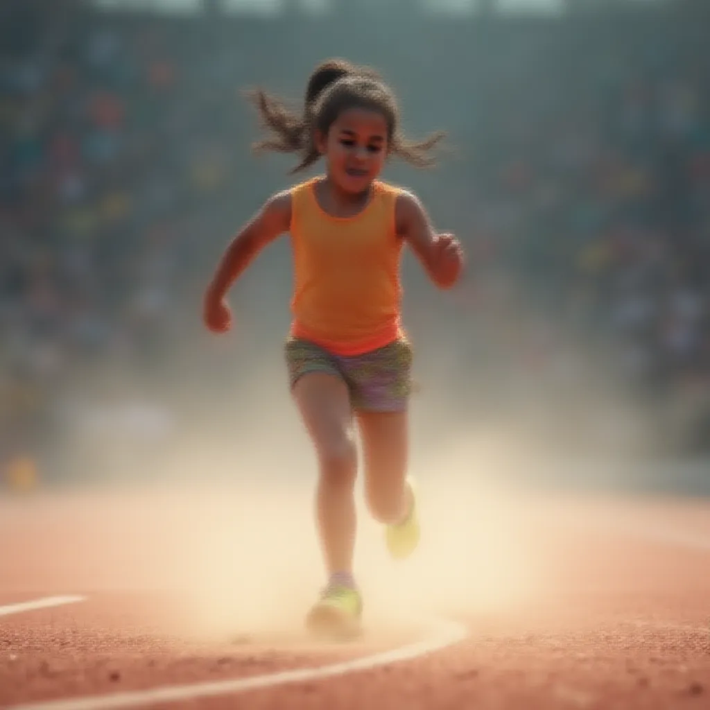 A young girl energetically running on a well-trodden athletic track, her ponytail swaying rhythmically with each stride she takes. The roar of the crowd around the arena fades into a subtle hum as she focuses on the finish line just meters away. Dressed in a vibrant running attire, and her feet clad in neon running shoes, she kicks up a flurry of dust as she pushes forward on the gravel track, her determined face reflecting the intense passion she holds for the sport.