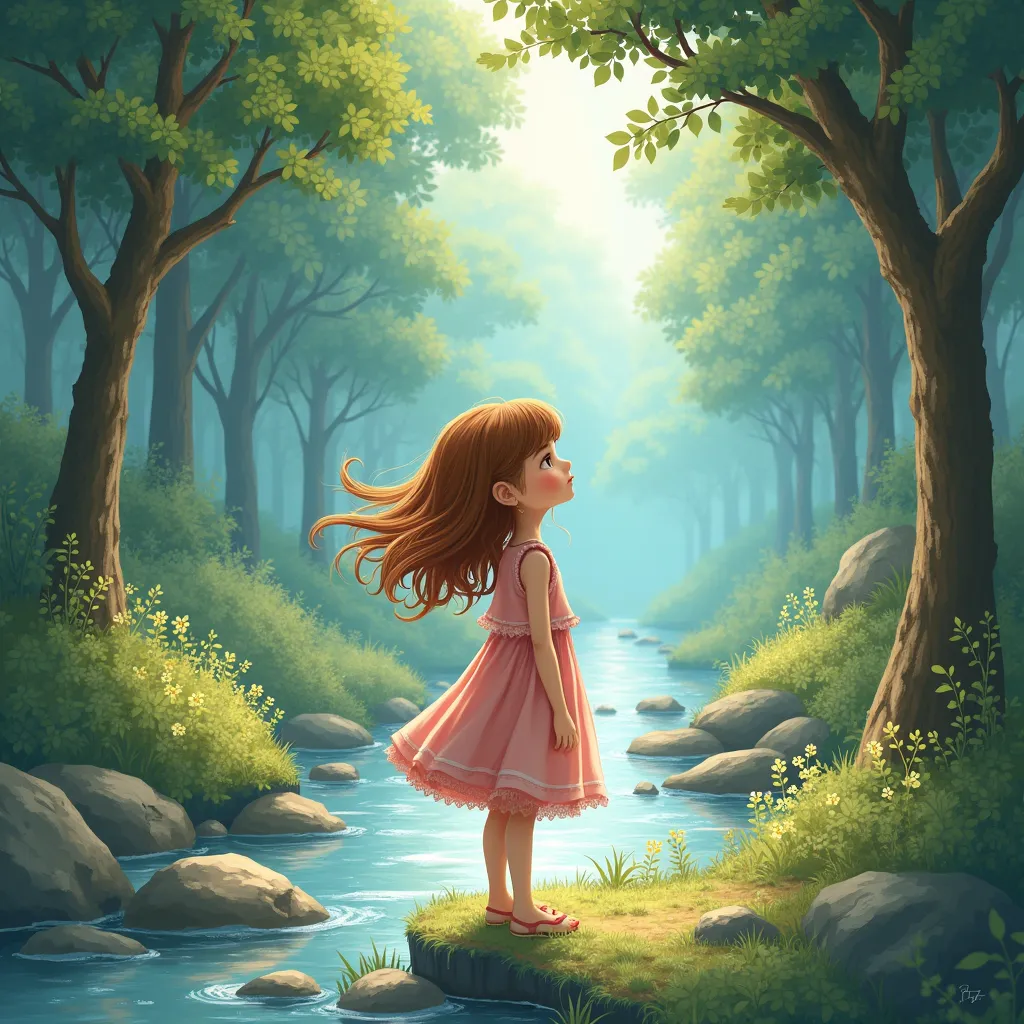 A detailed illustration featuring a beautiful young girl standing alone in an enchanting and serene environment. The girl's unique features, such as her vibrant hair and expressive eyes, should be highlighted with precision. The scenery surrounding her should be aesthetically pleasing, with soft lighting and a harmonious blend of natural elements, such as lush trees and a sparkling stream. The overall mood of the illustration should emanate calmness and tranquility. The use of a color palette that enhances the ambience of the scene and the girl's beauty is highly recommended. The illustration should present a balance between realism and fantasy, thereby inspiring wonder and admiration.