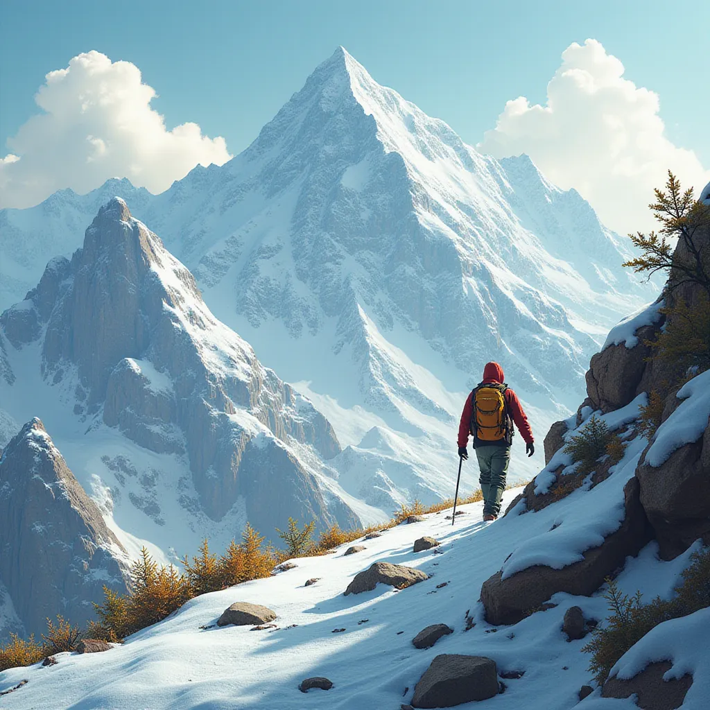 A lone adventurer, determined and focused, is scaling the challenging terrains surrounding Kedarnath Dham in the enchanted Himalayan ranges of Northern India. Engulfed by towering, snow-kissed peaks and vast expanses of untouched nature, he is on an intrepid journey to reach this revered Hindu temple, a site that is a vital part of the Chota Char Dham pilgrimage circuit. During his climb, he encounter a vivid spectrum of flora and fauna, which captivates him with its pure and untouched beauty. Despite the obstacles which include both perilous pathways and unpredictable weather, his steely resolve fuels his adventurous spirit, pushing him beyond his physical boundaries to the ultimate destination in his spiritual quest. in the style of TOK a trtcrd tarot style