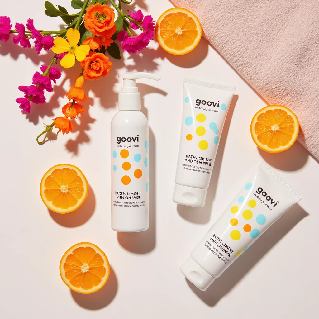 GOOVI bath and body care products in a flat-lay arrangement, complemented by citrus fruits, colorful flowers, and a soft towel, exuding freshness and vibrancy.

