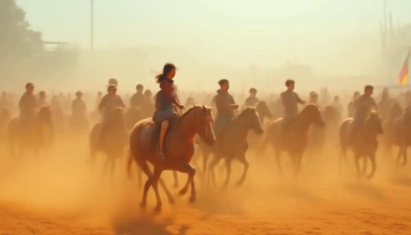 A young girl, her hair tied tightly in a ponytail, is gallantly riding on a majestic, swift horse partaking in a thrilling race. Concealed within a cloud of dust and fervor whilst amidst a multitude of powerful steeds and determined riders, she stands resolute, filled with unbridled determination. The thunderous applause from the spectators fills the air, but she remains unfazed, her focus solely on the finish line ahead, promising glory and victory. The sun shines brightly casting long racing shadows on the track, reflecting the intense atmosphere of this gripping equestrian event.