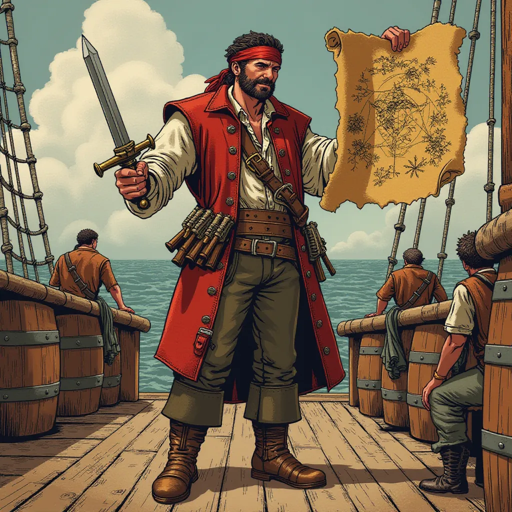 Standing tall and resolute on the weathered deck of a seasoned ship is the pirate quartermaster, the embodiment of determination and audacity. His robust figure is dressed in an eye-catching, distressed leather vest that bears testimonies of many thrilling adventures in the high seas. The vest is well-complemented by a robust leather belt that securely holds an array of intimidating pistols, ready for any immediate threat. A pair of worn, sturdy boots encase his feet, echoing his readiness for grand adventures and frightening storms alike.

In one sinewy hand, he grasely clings to a well-traveled treasure map, each crease and fold on the parchment whispering stories of riches imagined and treasures buried deep. Unwaveringly, he points towards the intricate lines and cryptic symbols sketched on this elusive guide, clearly denoting an uncanny understanding of hidden secrets and a keen eye for unnoticed treasures. 

His other hand deftly holds the hilt of a glistening sword, its blade a lethal promise of steel and iron, forged through countless battles and deadly duels. The grip on his weapon is firm and confident, an evident proclamation of his unmatched combat skills and unyielding will.

The quartermaster's facial expression is a captivating canvas of assertion and deep calculations, a remarkable display of utter focus and strategic planning. His piercing gaze and measured smirk reflect a strong leadership quality, one that can command a crew of misfits into an undefeatable pirate army.

The background paints a rustic picture of life at sea. Barrels filled with essential supplies are stacked artistically on the deck. Crew members, only visible form the waist up, are engrossed in their respective tasks. They exhibit a diligent rhythm in their work – a well-rehearsed symphony of survival on the high seas under the watchful eyes of their trusted quartermaster. in the style of TOK a trtcrd tarot style