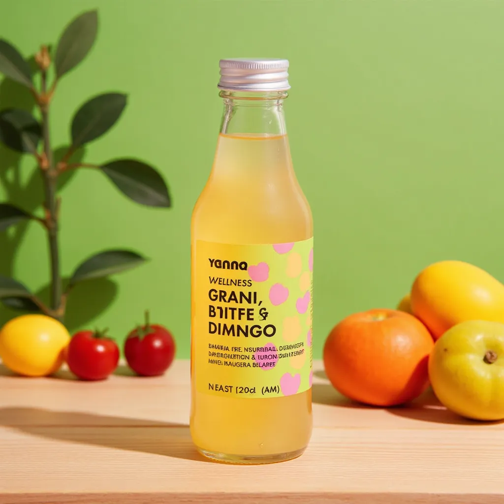 wellness drink, placed on a fresh wooden table, surrounded by fruits and natural elements, with a clear, vibrant label.