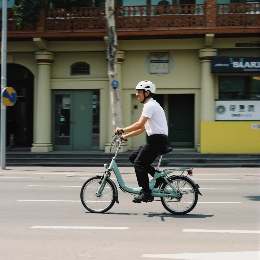 a man riding a bycicle in flmft style