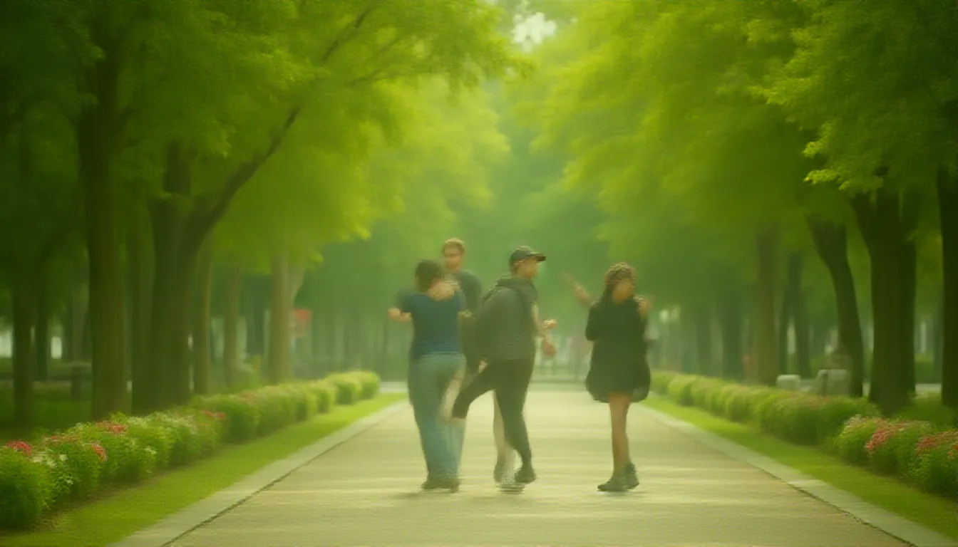 In the tranquil serenity of a well-maintained urban park, a man finds himself lost in his own world. Buried among the towering, lush green trees that provide a comforting canopy against the city's commotion, he is rhythmically swaying, entirely engrossed in the act of dancing. The park, with its colorful floral arrangements, chirping birds, and a calm lake whispering ripples against the bank, provides the perfect backdrop for his isolated, joyful moment.

The man's eyes, renowned windows to the soul, have been caught by a lady's captivating presence. She is directly in his line of sight, their gaze interlocking, creating a special moment that transcends the setting's peace. Her captivating allure and radiant sight have mesmerized him, forging an unspoken bond that electrifies the afternoon air.

In the backdraft of this picturesque scene, the soundtrack of his life plays on. His favorite song, emanating from his pocket device, fills the immediate surroundings with harmonies and rhythms that seem to pluck at the very strings of his being. Each note, each lyrical phrase, resonating with his inner feelings, intensifying the connection he feels with the enchanting stranger amidst the vibrant landscape. It's as if the universe has created a symphony just for them, orchestrating an unforgettable dance in the park.