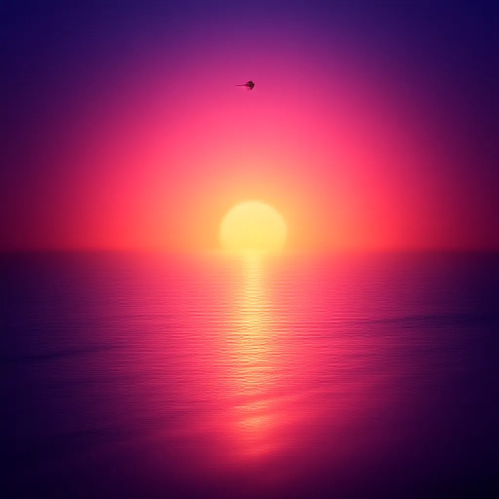 As the day slowly fades into the realm of dusk, you find yourself at the edge of a spectacular onslaught of nature's beauty - a beach sunset. The sky above, a wide canvas, paints a vibrant mix of hues - serene shades of pinks, purples, and oranges that stretch out as far as the eye can see. Below, the tranquil ocean graciously mirrors the enchanting panorama, gently serenading the setting sun to sleep. The lonely kite flying above, silhouetted against the multicolored backdrop, adds a delightful touch of whimsy. The heavenly golden orb of light is on a steady downward trajectory towards the ocean's edge, its radiant beams dancing across the rippling waves and drawing a shimmering path that seemingly leads to the heart of the sun itself. The cool, salty breeze rustles through the nearby palm trees, amplifying the soothing soundtrack of the rhythmic waves. As twilight descends, it weaves a captivating spell of tranquility, making the witnessing of this beach sunset, a timeless, unforgettable spectacle.