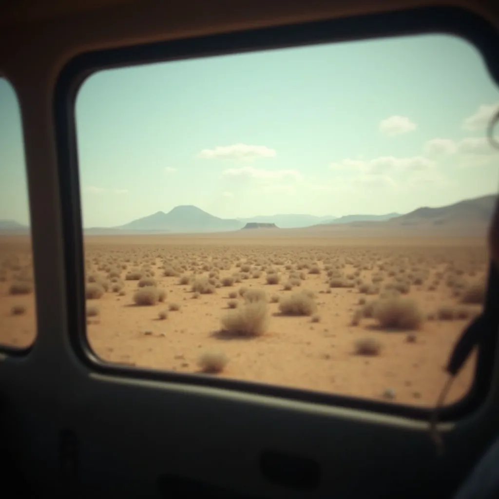 view through car window looking out on the desert, light leak effect, scenery, blurry, flmft style