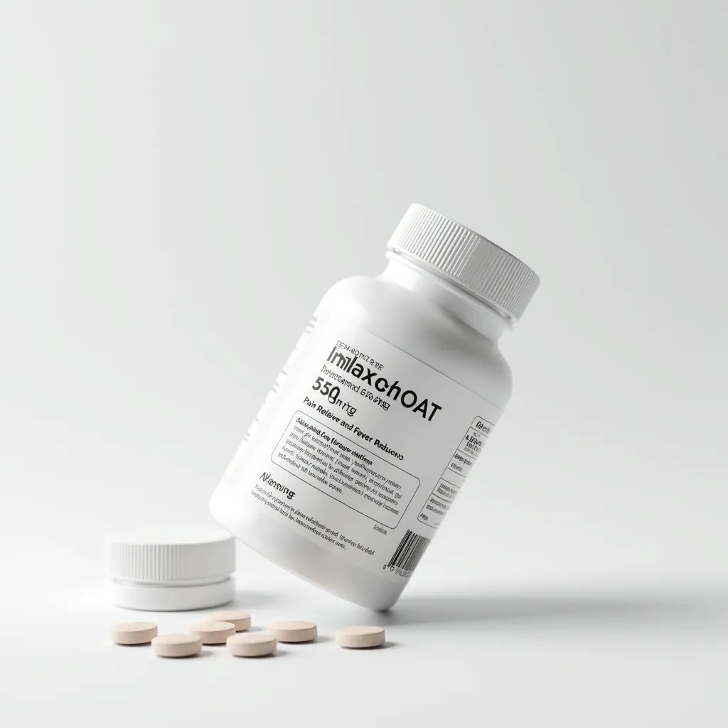 A sleek medical supplement bottle for paracetamol on a white background, featuring the text logo 'TECHBOAT' at the top in a clean font. The bottle stands tilted at an angle, with the cap partially unscrewed and a few pills scattered nearby. The label remains clearly visible, showcasing detailed information: 'Paracetamol 550mg,' 'Pain Reliever and Fever Reducer,' dosage instructions, warnings, storage information, and a barcode. The minimalistic design uses a white and subtle accent color scheme, with soft lighting emphasizing the premium and professional look.