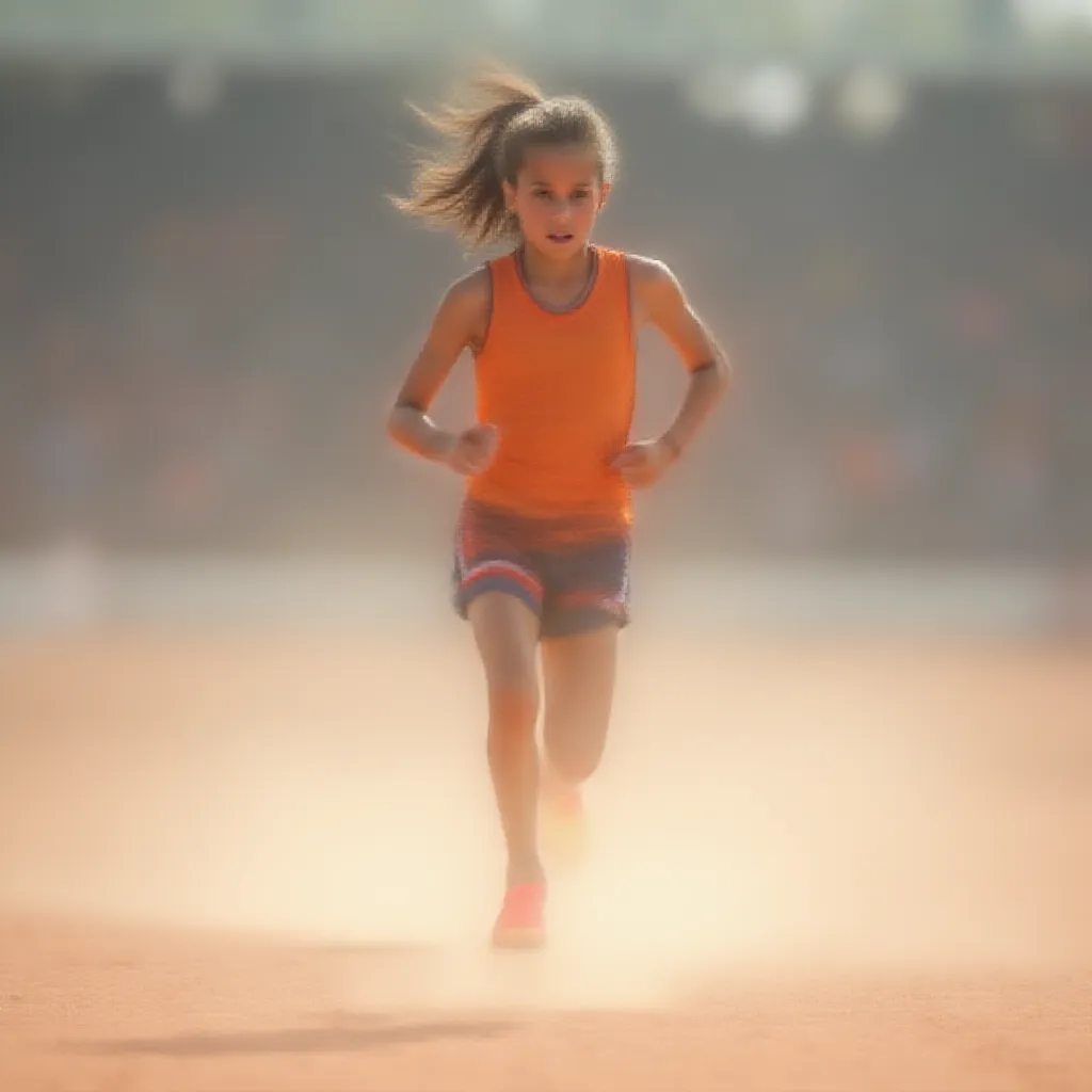 A young girl energetically running on a well-trodden athletic track, her ponytail swaying rhythmically with each stride she takes. The roar of the crowd around the arena fades into a subtle hum as she focuses on the finish line just meters away. Dressed in a vibrant running attire, and her feet clad in neon running shoes, she kicks up a flurry of dust as she pushes forward on the gravel track, her determined face reflecting the intense passion she holds for the sport.