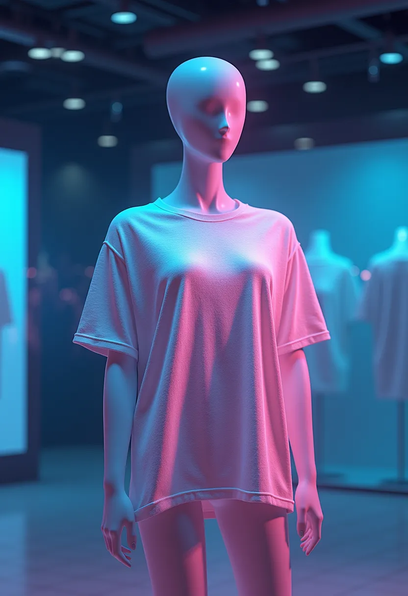 Step into a cutting-edge, AI-powered virtual try-on marketplace, offering an immersive customer experience like never before. The interface thrives on the futuristic promise of technology, where customers can see a 3D preview of customized t-shirts they've designed themselves, either on realistic mannequins or on AI-generated models that realistically mimic human proportions. 

Every detail of this novel shopping experience is designed to be interactive and user-friendly, ensnaring customers in the thrill of personalized fashion. The uniquely designed t-shirts are brought to life through striking holographic effects that float in mid-air and cast a captivating spectacle of light and color. 

The magic doesn't end there, as consumers have the power to control the visual display through an assortment of virtual controls. The intuitive and interactive nature of these controls allows a seamless navigation and an in-depth exploration of each design aspect, making this an experience rather than just an interface. 

The design layout of the platform is kept clean and modern, embodying the sophisticated vibe of a high-end fashion studio. Space is expansive and uncluttered which highlights the product and provides room for customers to freely experiment with their creativity.

The lighting adheres to a soft, subdued pattern, reminiscent of a professional fashion photoshoot, which perfectly illuminates the t-shirts without distracting from their design. The space is further enhanced with an aesthetically pleasing palette of gradient tones, which impart a sense of tranquility and elegance to the surroundings making the journey mesmerizing, every time the customers log in. 

This is more than just a shopping interface, it's a revolutionary rendezvous between technology and fashion, and a leap into the new era of consumer experiences.