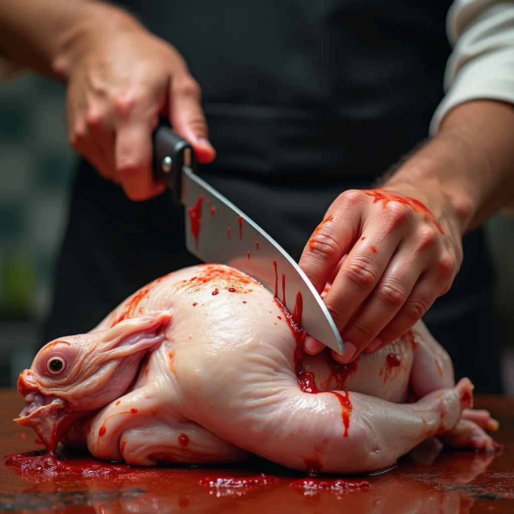 A graphic image is depicting a butcher skillfully slicing into a chicken. The picture is as close to reality as possible, leaving nothing to the imagination. The butcher appears well-versed, his hands holding the chicken securely whilst skillfully maneuvering the sharp cutter. As he slices through the chicken's flesh, you can see droplets of blood dotting the edge of the cutter, hinting at the freshness of the poultry. Alongside this, traces of blood are smeared over the butcher's hardened hands, providing evidence of his work. You can almost hear the bustling noise of the marketplace and feel the intensity of his work. He is completely engrossed in his job, paying no mind to the bloody spectacle he's involved in. His sole focus is on precisely cutting the chicken to yield the choicest cuts for his customers.