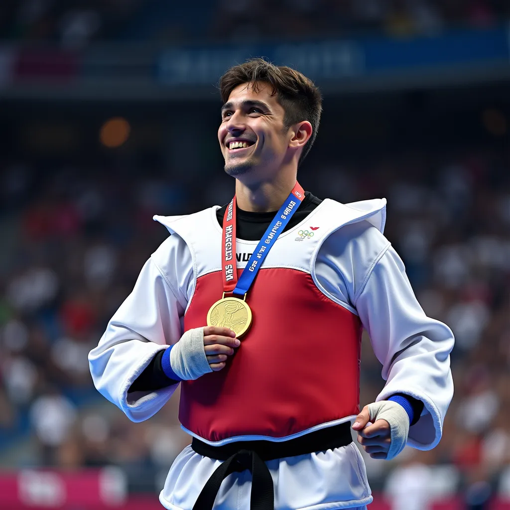 In the captivating year of 2024, at the renowned Paris Olympics, a man, robust and agile, had worlwide attention as he was engrossed in the thrilling game of Taekwondo. The crowd was pulsating with energy, their cheering reverberating across the stark boundaries of the splendid stadium, echoing under the Parisian sky. The competitors displayed awe-inspiring techniques and movements, embodying the essence of this ancient martial art. 

This particular man was breathtaking in his performances; his kicks faster than lightning, his techniques intriguing and his focus unwavered, even under the tense atmosphere of the Olympics. Under intense scrutiny of spectators and jury, he gracefully fought his way through several challenging rounds of combat, outperforming numerous world-class competitors.

Impressively, his journey culminated in victory after a nail-biting final match that left the crowd gasping and clapping in unison. Remarkably, he was awarded the prestigious gold medal, signifying not only his superiority in Taekwondo but also his relentless persistence and dedication. His celebrations were heart-warming; he wore his medal with a joyous glow on his face, reflecting his pride and overwhelming happiness. Whole stadium was erupting in euphoric applause, celebrating this enormous victory, memorializing a spectacular moment in the history of the Paris Olympics, 2024.